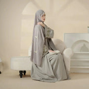 Olive Branch Embroidered Linen Abaya Set With Matching Belt & Hijab (ABA037)